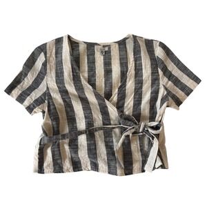 Ecote Wrap Top Black Ivory‎ Stripe Cotton Tie Waist Short Sleeve S Boho